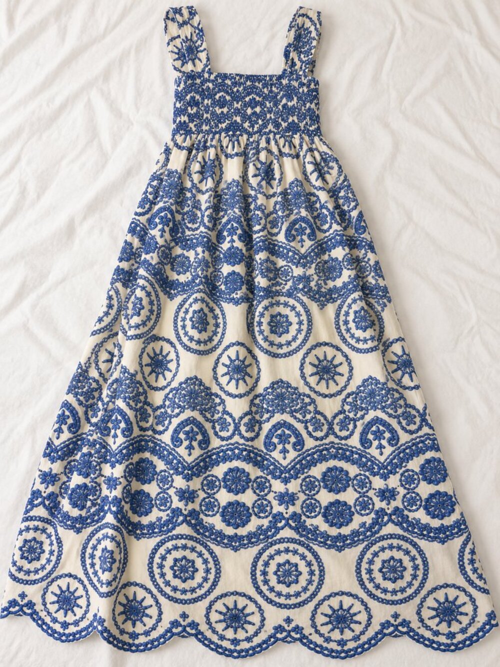 The Lucky Knot Chatham Eyelet Midi Dress XS Blue White Smocked